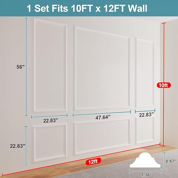 Precut Wall Molding Kit - Set of 12 Frames Paintable Wainscoting Panels Ready-to-Assemble Accent Wall Kit, Modern Molding Trim Decor for Living Room Bedroom Hallway Kitchen Island