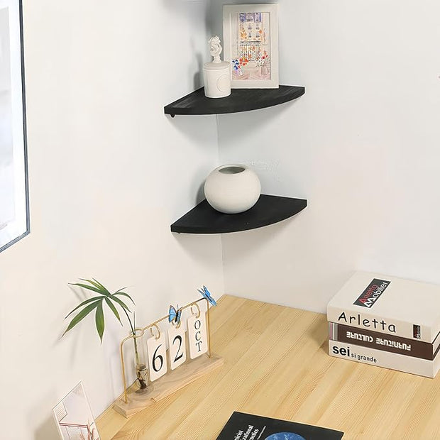 10 inch Corner Shelf, Set of 2 Solid Wood Corner Floating Shelves for Wall, Round End Wall Mounted Floating Shelf for Bedroom, Living Room and Kitchen (Black-10 inch)