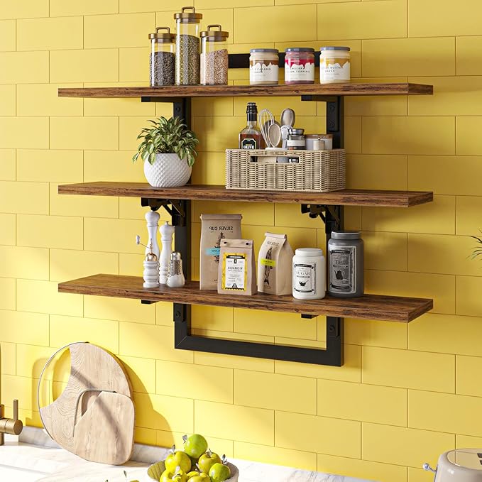 Bestier Floating Shelves for Wall, 32 inch Kitchen Shelves Wall Mounted, 3 Tier Coffee Bar Shelf with Foldable Brackets, Industrial Display Shelf for Bathroom, Living Room, Rustic Brown