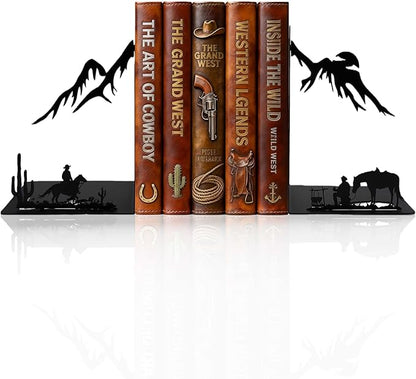 Western Cowboy Metal Bookends – Decorative Book Ends for Shelves, Heavy Duty Book Holders, Unique Vintage Bookends, Novelty Book Stoppers for Home Office Shelf Decor