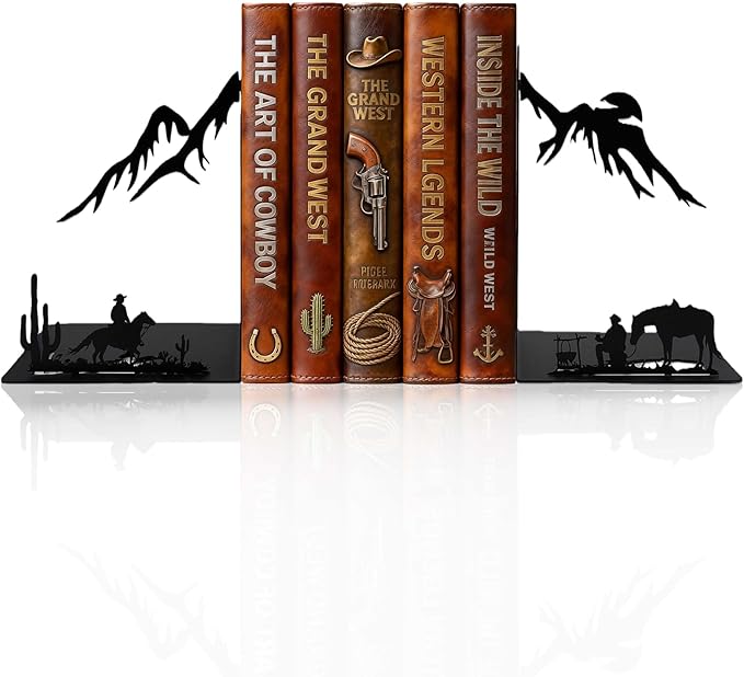 Western Cowboy Metal Bookends – Decorative Book Ends for Shelves, Heavy Duty Book Holders, Unique Vintage Bookends, Novelty Book Stoppers for Home Office Shelf Decor