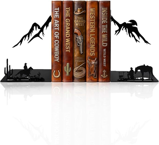 Western Cowboy Metal Bookends – Decorative Book Ends for Shelves, Heavy Duty Book Holders, Unique Vintage Bookends, Novelty Book Stoppers for Home Office Shelf Decor