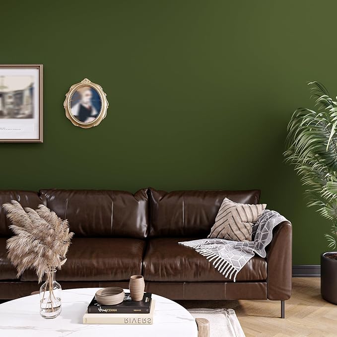VEELIKE Thick Olive Green Wallpaper Peel and Stick Removable 15.7''x354'' Vintage Green Contact Paper for Cabinets Walls Waterproof Self Adhesive Green Vinyl Wall Paper for Bathroom Bedroom Kitchen