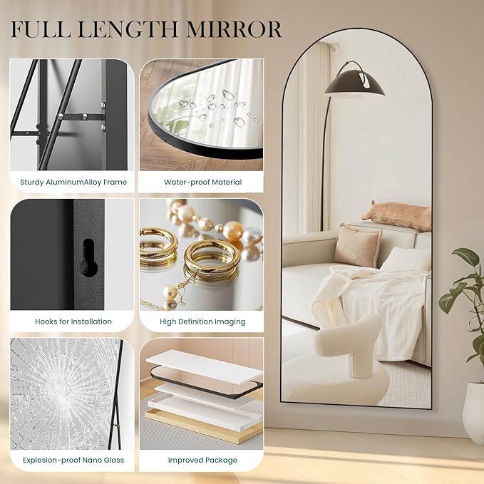 DUMOS Arched Full Length Mirror with Stand Floor Standing Aluminum Frame for Bedroom Body Hanging Leaning Modern Simple Home Decor Shatter-proorf Nano Glass Wall Living Room Natural Black, 70.4