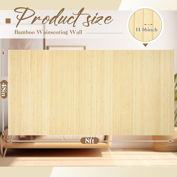 Juexica 1 Pcs Natural Bamboo Wall Panel for Interior Wall 48''x96'' Bamboo Covering Renewable Pole Wainscoting Room Divider Wrap Decor for Bedroom Living Room Kitchen Island Office (Raw)