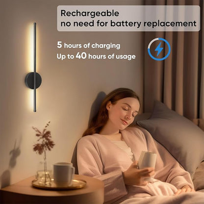 Battery Operated Wall Sconces Set of Two, Wireless Rechargeable Wall Sconces Black with Remote Control Dimmable, Cordless Wall Light Decor for Living Room, Bathroom, Hallway, Timing, 24 Inch
