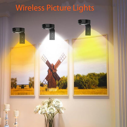 3Pcs Picture Lights for Wall, 16 Lighting Modes Magnetic Art Display Light for Paintings with Remote Control Dimmable & Timer, Wireless Wall Decor Puck Light, Black