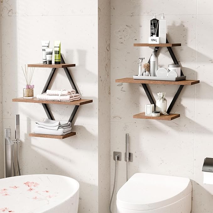 Floating Shelves, Wall Shelf Set of 2, Wall Mounted Shelves, 3-Tier Hanging Wall Shelves for Bathroom, Living Room, Bedroom, Kitchen, Office (Rustic Brown)