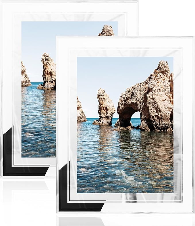 5x7 Glass Picture Frame Set of 2, Tabletop Display Horizontally or Vertically, Silver Mirror Wedding Gifts 5 by 7 Photo Frames