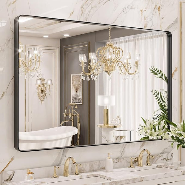 LOAAO 55X36 Inch Black Metal Framed Bathroom Mirror for Wall, Matte Black Bathroom Vanity Mirror Farmhouse, Large Rounded Rectangle Mirror, Anti-Rust, Tempered Glass, Hangs Horizontally or Vertically