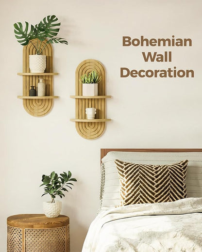 Bamworld Boho Wall Decor 2pcs Plant Wall Shelf, Mid Century Modern Decor Hanging Plant Shelf, 2-Tier Wooden Floating Shelves for Home, Bathroom Bedroom Living Room Holding Planter Decoration Natural
