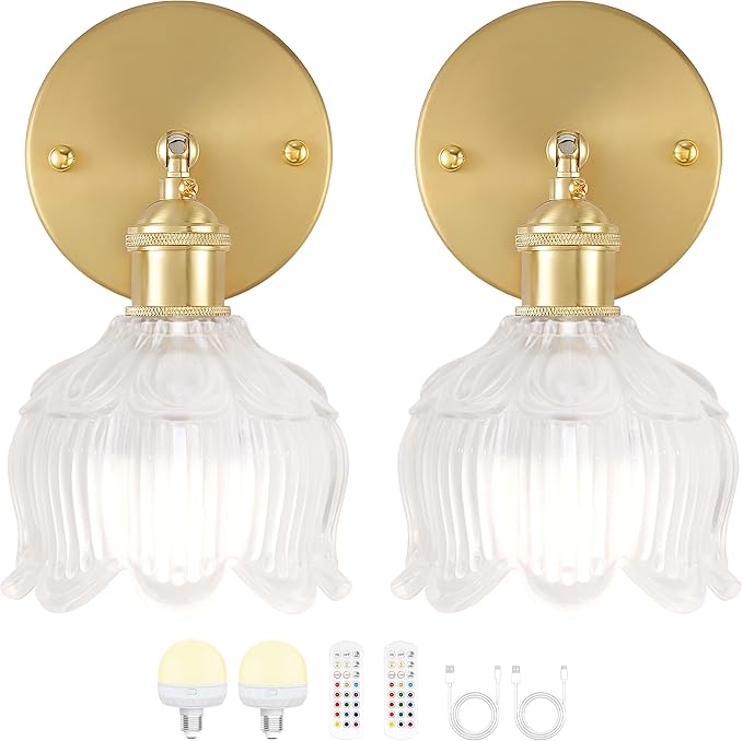 Vintage Battery Wall Sconce with Flower lampshade,Rechargeable Battery Powered Wall Lights,Wall lamp with 15 Colors for Bedroom Living Room Home Decor (Flower White, 2 Light Battery Operated)