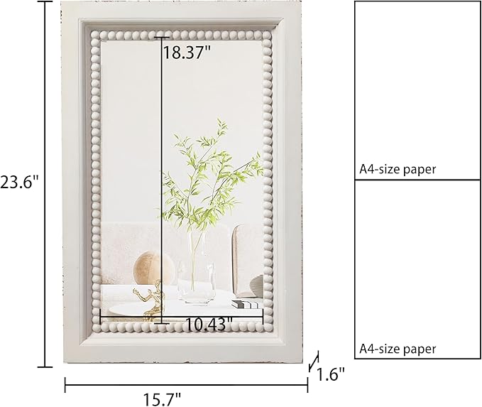 Boho White Mirrors for Wall Decor 24 x 16 Inches, Hanging Distressed Finish Wooden Frame Rectangular Rustic Mirror with Beaded Detailing for Bathroom Living Room Bedroom Entryway