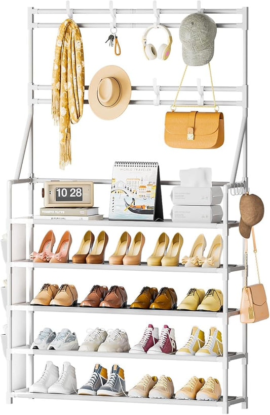 OYREL Shoe Rack 5 Tier Shoe Racks Organizer 20-25 Pairs Shoes Rack for Closet Entrance Shoe Storage Shelf with Hooks and Side Pocket Entryway Shoe Holder Space Saving Free Standing Shoe Racks