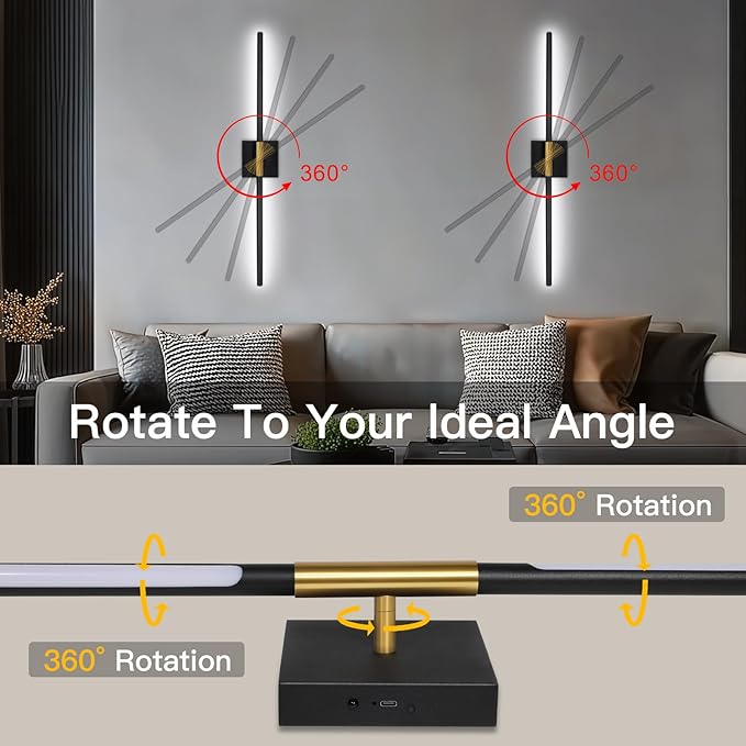 Battery Operated Wall Sconces Set of Two, Battery Wall Sconce with Remote Control, Black Gold Modern LED Rechargeable Wireless Sconces, Wall Lights for Bedroom, Living Room, 2Pack, 31.5Inch