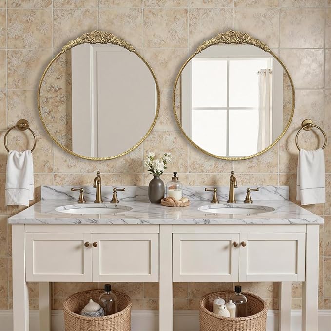 Growsun Round Wall Mirror with Vintage Gold Floral Frame – 28 Inch Decorative Wall Mirror for Living Room, Bedroom, Entryway, Bathroom Vanity – Elegant Antique Accent Home Décor