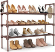 3 Tier Shoe Rack for Closet Shoe Organizer with 5 Hooks, Long Shoe Shelf Storage for Shoe and Boot Stackable Free Standing Shoe Rack for Entryway, Garage, Small Spaces, Dorm, Brown