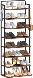 8 Tiers Widened Vertical Shoe Rack, Narrow Shoe Tower, Tall Shoes Shelf with 2 Hooks, Adjustable Shelves, Corner Shoes Shelves for Small Spaces, Entryway, Living Room, Rustic Brown SR12501B