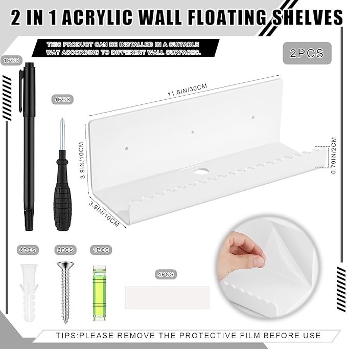 2 Pack Acrylic Wall Floating Shelves, White Adhesive Organizer, 11.8“ Acrylic Floating Bookshelves, Wall Display Shelve for Bedroom, Gaming Room, Living Room, Bathroom, Office
