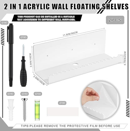 2 Pack Acrylic Wall Floating Shelves, White Adhesive Organizer, 11.8“ Acrylic Floating Bookshelves, Wall Display Shelve for Bedroom, Gaming Room, Living Room, Bathroom, Office