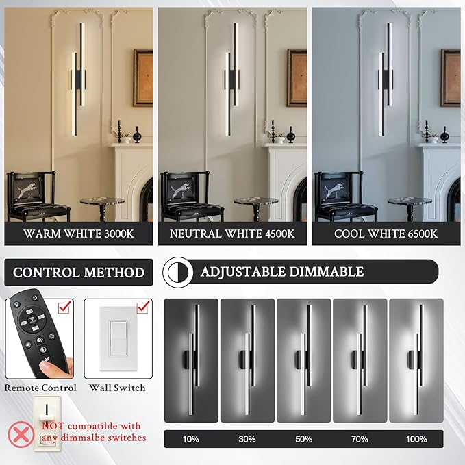 LED Wall Sconce Black Modern Remote Wall Light Fixtures for Living Room, Dimmable LED Vanity Light Indoor Remote Wall Sconce for Bedside Bedroom Bathroom Dining Room, 31.5inch 1 Pack