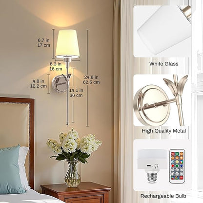 DORESshop Battery Operated Wall Sconce Set of 2, Wireless Wall Light Easy to Install, 7 Color Rechargeable Wall Sconces, Sconce Wall Decor Set of 2 for Bedroom, Living Room, Silver, 24.3in