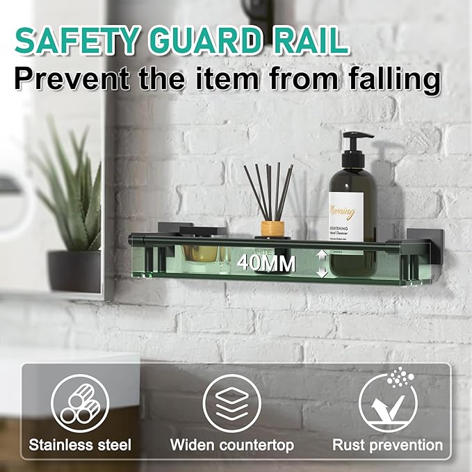 Glass Shelf 16IN for Bathroom Black Rectangular Stainless Steel Tempered Glass Modern Wall Mount Shelf Sink Over Toilet Bathroom Organizer (Matte Black, 16‘’)