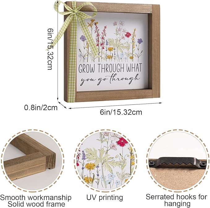 Grow Through What You Go Through Sign, 6 Inch Wooden Office Cubicle Decorations for Women, Boho Inspirational Desk Decor for Shelf Table Rustic Motivational Signs Wildflower Decorations
