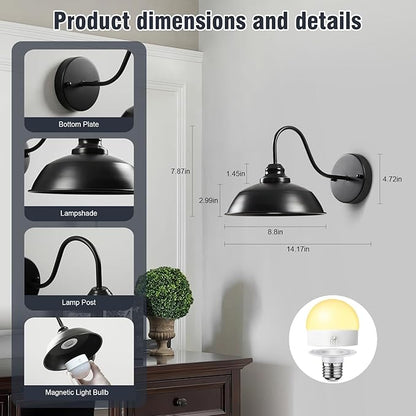 Black Wireless Wall Sconces Set of Two Battery Operated Wall Lights with Remote and Dimmable Bulbs Rechargeable Vintage Gooseneck Wall Lamp for Bedroom, Living Room, Farmhouse