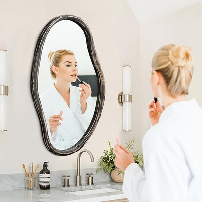 JJUUYOU Asymmetrical Wall Mirror Irregular Mirrors for Wall Modern Wood Frame Unique Vanity Mirror Shaped Dressing Mirrors Decor for Living Room Bathroom Bedroom Entryway Large 30"x18"