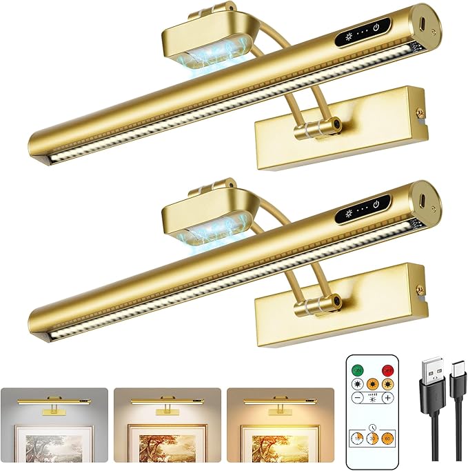 Magnetic Wireless Picture Light Rechargeable Battery Operated with Remote/Touch/Timer, Angle Adjustable 16in Metal Painting Light, 3 Color Dimmable, Art Light for Display, Wall, Gallery, Gold 2Pack