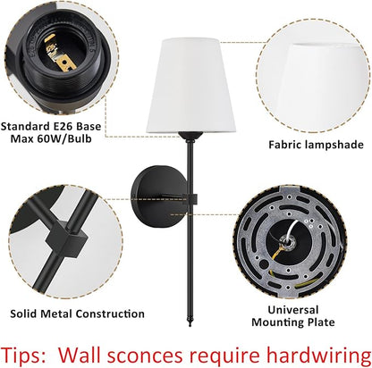 Wall Sconces Sets of 2, Retro Industrial Wall Lamps, Bathroom Vanity Sconces Wall Lighting with White Fabric Shade, Suitable for Bedroom Living Room Corridor Kitchen