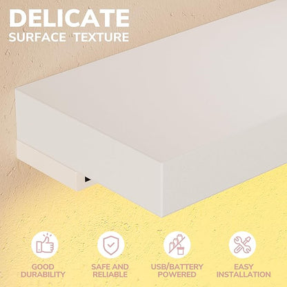 BAMEOS Floating Shelves with Lights, 35" White Wall Mounted Wood Shelves with Invisible Brackets, Set of 2, Display Wall Shelves Decoration for Bedroom, Bathroom, Living Room, Kitchen Storage