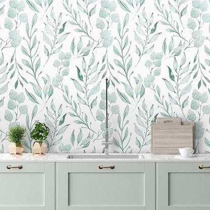 WENMER Green Leaf Wallpaper Floral Peel and Stick Wallpaper 17.7" x 118" Self Adhesive Watercolor Leaves Wall Paper Removable Floral Contact Paper for Cabinets Wall Decor