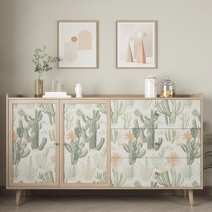 Cactus Wallpaper Peel and Stick, Beige Green Succulent Contact Paper, 17.5" x 118" Floral Boho Botanical Wall Paper Self Adhesive Removable Waterproof for Bedroom Cabinet Drawer Table Decor