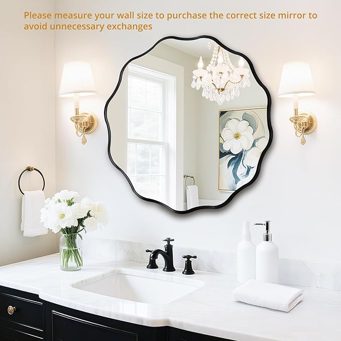 Fabuady Black Round Wavy Edge Mirror - 24'' Circle Wall Mirror with Metal Frame, Decorative Hanging/Leaning Mirrors for Bathroom, Bedroom, Living Room, Hallway, Entryway, Office, Home Decor