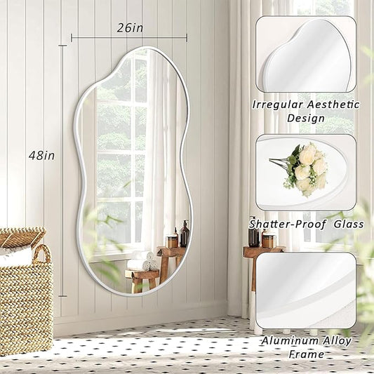JJUUYOU Mirrors for Wall Metal Framed Decorative Irregular Large Mirrors 26"x47" Asymmetrical for Bathroom Bedroom Living Room Dressing Room Entryway White