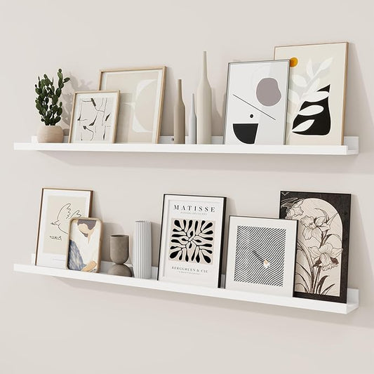 RICHFOCUS Picture Ledge Shelf, 48 inch Floating Shelves Set of 2, Wood Wall Shelves with Lip, Wall Decor Storage for Bedroom Living Room Bathroom Kitchen Nursery Photo Picture, White