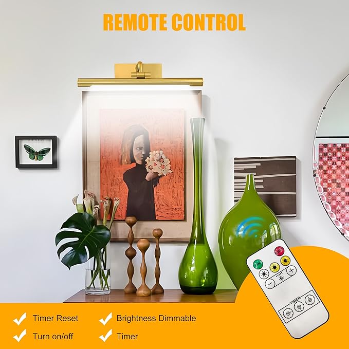 14in Picture Light,Battery Operated Picture Light,Brass,with Remote and Timer,Wall Pictures,Dimmable for Display Photo,Frame,Portrait.