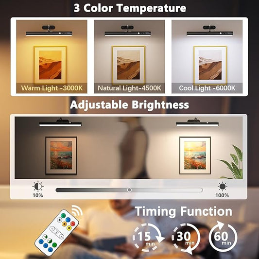 Motion Sensor Battery Operated Picture Light, Wireless Rechargeable Magnetic Art Wall Sconce with Remote Control, LED Picture Frame Lights for Paintings Mirror Portrait Gallery Dart Poster (Black)