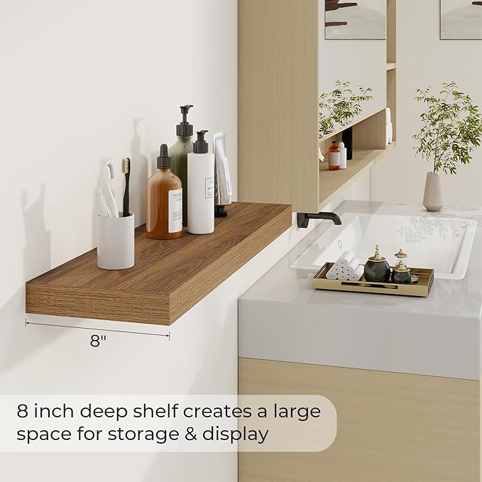 Dreamland 30 Inches Floating Shelves for Wall,8 Inch Deep Floating Shelves Set of 2, Large Display & Storage Shelf, Wall Shelf for Bathroom Bedroom Living Room Kitchen Office,Walnut