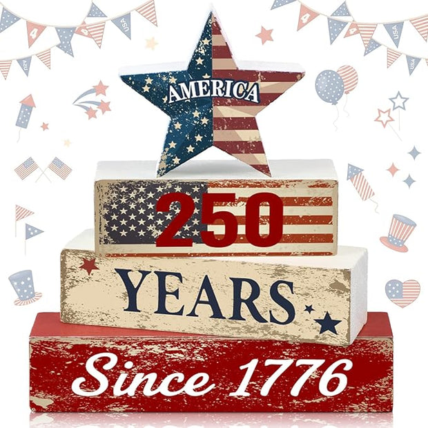 Amyhill 250th Anniversary of America Decoration Wooden Eagle Table Decor 1776-2026 Star Freedom Centerpiece Wooden Sign for Shelf Coffee Bar Home Office Table Top Decor