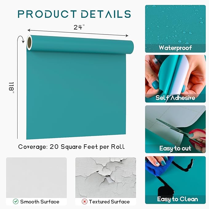 VEELIKE Thick Turquoise Peel and Stick Wallpaper Blue Contact Paper for Cabinets Desk Furniture Walls 24''x118'' Self Adhesive Removable Teal Blue Wallpaper for Bedroom Bathroom Living Room Decor