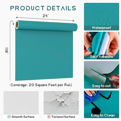 VEELIKE Thick Turquoise Peel and Stick Wallpaper Blue Contact Paper for Cabinets Desk Furniture Walls 24''x118'' Self Adhesive Removable Teal Blue Wallpaper for Bedroom Bathroom Living Room Decor