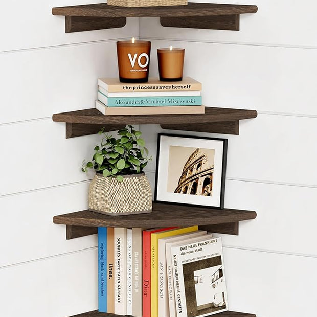 Forbena Large Corner Floating Shelves for Wall Set of 4, 12 Inch Deep Wall Mounted Corner Shelves for Bedroom, Livining Room, Farmhouse Hanging Bookshelf Bookshelves (Rustic Brown)