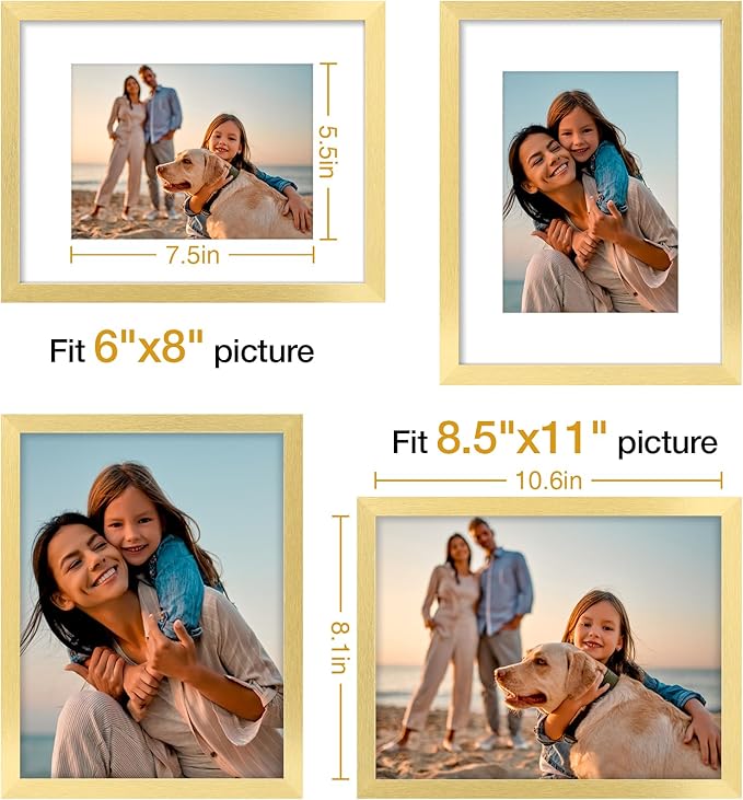 Vittanly 8.5x11 Picture Frames Set of 4, Display Pictures 6x8 with Mat or 8.5x11 without Mat, Gallery Wall Frame Set for Wall Mounting, Engineered Wood with Shatter Resistant Plexiglass, Gold