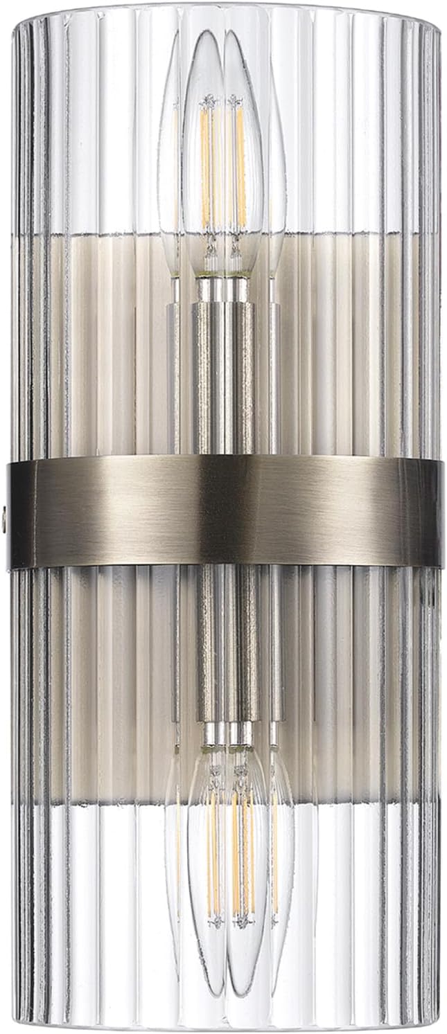 GLOBE Electric 65000046 2-Light Wall Sconce, Matte Brass, Ribbed Glass Shade, E12 Base Sockets, Wall-Lamp Dimmable, Lights for Bedroom, Kitchen Sconces Lighting, Home Decor, Mounted Bedside Lamp