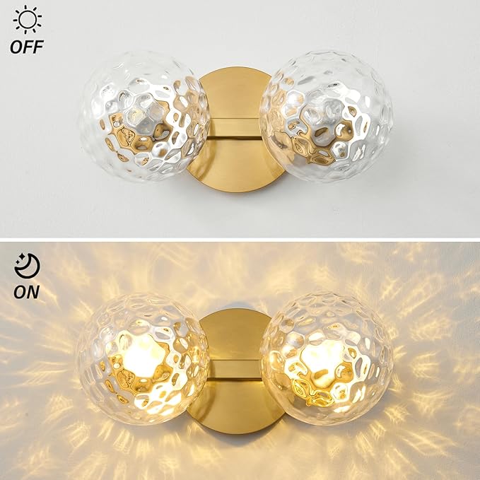 Gold Bathroom Vanity Light Fixtures: Modern Wall Scones With 2 Hammered Clear Glass Shades - Globe Makeup Lighting Fixture over Mirror - Brass Ball Powder Room Vanities Lights for Hallway Bedroom