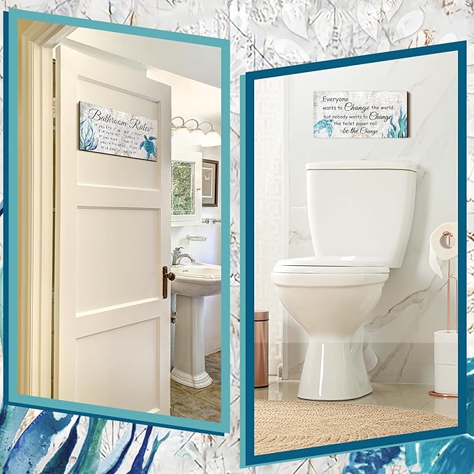Jetec 2 Pieces Funny Bathroom Signs Bathroom Wall Decor Toilet Wall Accessories Farmhouse Toilet Rustic Wooden Signs, 12x6 Inch(Sea Turtles Style)