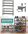3-Tier Black Bamboo Shoe Rack for Entryway, Stackable | Foldable | Natural, Shoe Shelf Storage Organizer for Hallway Closet, Free Standing Shoe Racks for Indoor Outdoor